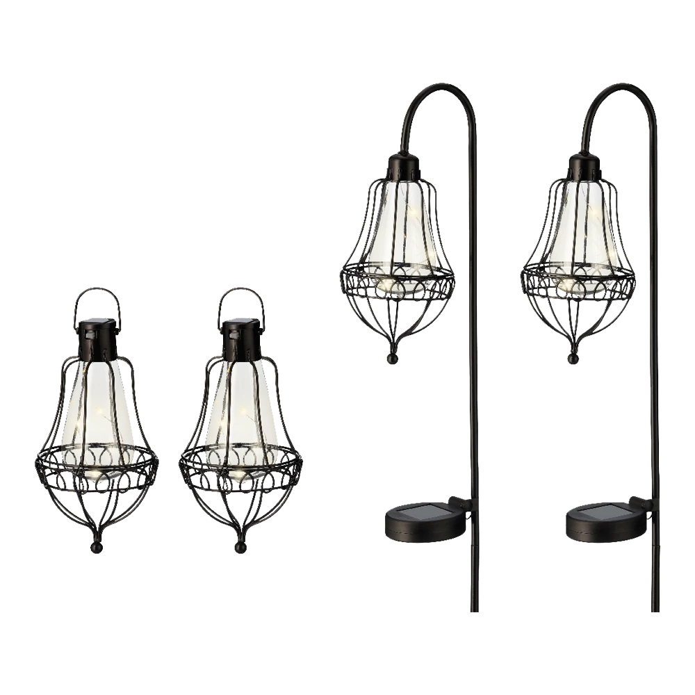 Lumineo Solar Set Met Tuinlamp En Lantaarn - LED - D14.5 X H84cm - Zwart - 4st. - Afbeelding 3